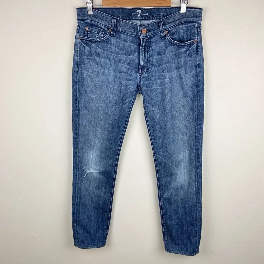 7 For All Mankind Roxanne High-Waist Lightly Distressed Ankle Skinny Jeans